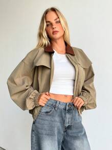 Aloruh Women's Casual Color Block Collar Jacket, Spring/Autumn,Graduation,Back To School Outfits - Army Green - View 7