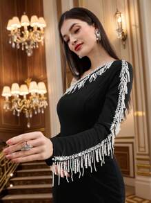 Modelyn 女士优雅串珠流苏装饰不对称领口鱼尾连衣裙 - 黑色 - 查看 12