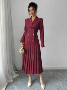 Elenzga 女士优雅通勤翻领双排扣收腰褶边长袖长裙，春/秋/冬长款女装