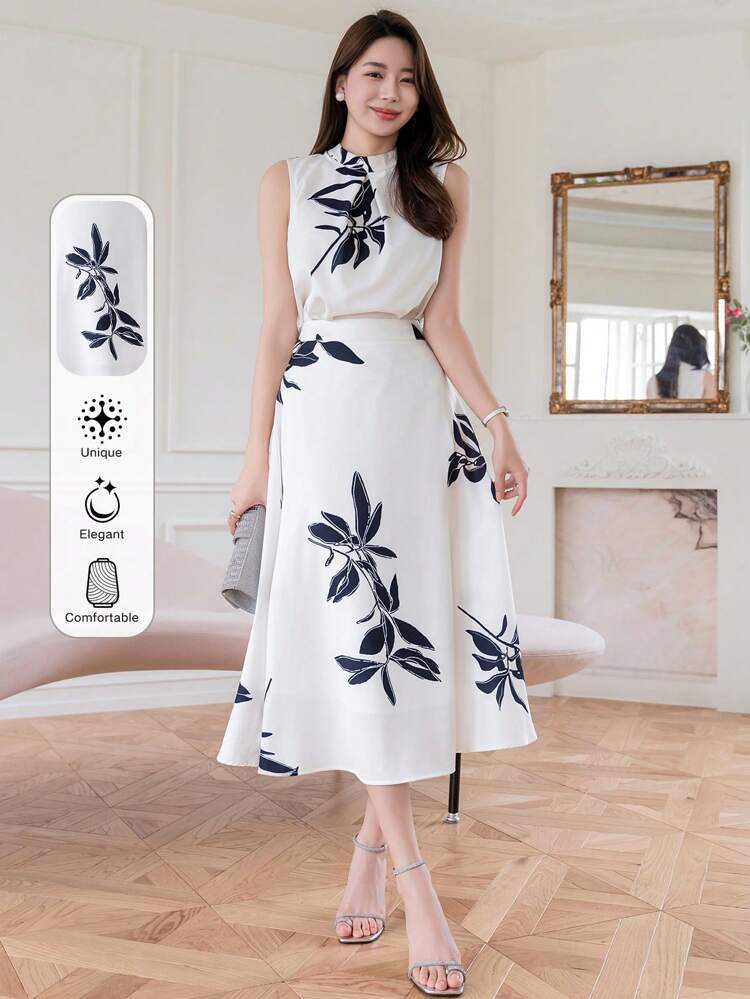 Women's Tropical Plant Print 2-Piece Set Chiffon Halter Top And A-Line Skirt