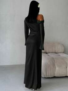 Aloruh Pink Valentine's Day Minimalist High-Quality Taffeta Asymmetric Shoulder Ruched Flare Sleeve Long Fitted Mermaid Skirt