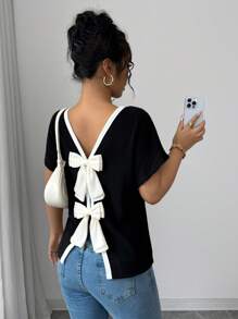 Elenzga Women's Round Neck Short Sleeve Casual T-Shirt With Bow Decor On Back
