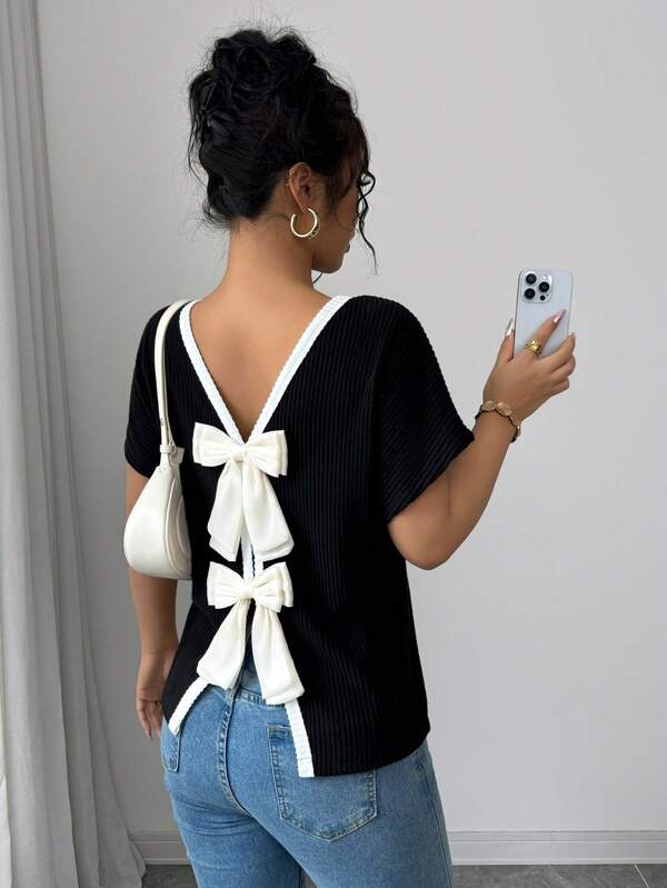 Elenzga Women's Round Neck Short Sleeve Casual T-Shirt With Bow Decor On Back