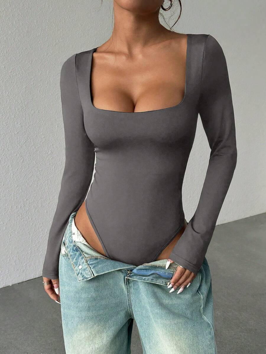 Flirla Women's Long Sleeve Bodysuit, Brown Color, Slim Fit, Minimalist & Versatile For Commuting Fall Cloth For Women