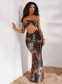 Opulessa Váy Maxi Ống Khoét Hở In Họa Tiết Tie-Dye Cổ Điển Cho Nữ - Nhiều màu - Xem 1