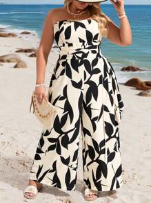 SHEIN VCAY Plus Size Women Black & Beige Tree Leaf Silhouette Print Halter Beachwear Jumpsuit South Beach Outfits Saint-Tropez Outfits Summer Outfits For Women European Summer Western Wear Women Cute Summer Outfits Beach Outfits Boho Women Clothing Vacation Outfits Woman Resort Wear Women Hippie Clothes For Women Easter Outfit Women Rave Outfits Country Concert Outfit Nashville Outfits Coachella Outfits Ibiza Outfits