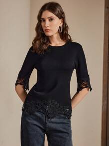 Anewsta Women Round Neck Short Sleeve Floral Print Patchwork Knit Top - Black - View 3