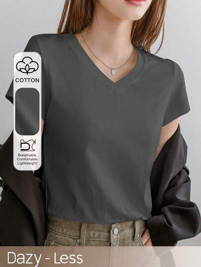 Dazy-Less 女士夏季纯色V领短袖休闲T恤老款商务休闲女式工作服
