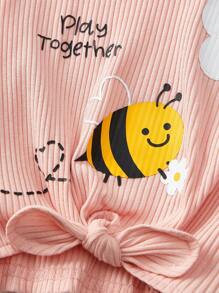 Cozy Pixies 2 件装女婴刺绣花朵和蜜蜂图案针织柔软圆领短袖上衣配松紧腰短裤套装