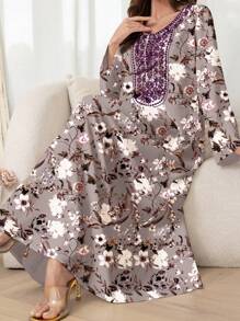 Al Najma 女士优雅花卉印花阿拉伯风格连衣裙，端庄 - 粉色 - 查看 1