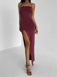 Aloruh Women's Solid Color Ruched Side Slit Backless Dress Summer Summer Outfits Summer Clothes Beach Outfits For Woman  Beach Vacation Vacation Outfits Woman Boho  Tropical Vacation Woman Clothe