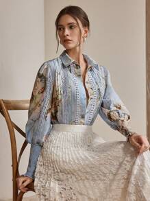 Anewsta 女士浪漫优雅蓝色荷叶边编织纽扣长袖衬衫，办公室/休闲春夏装 - 藍色 - 查看 5