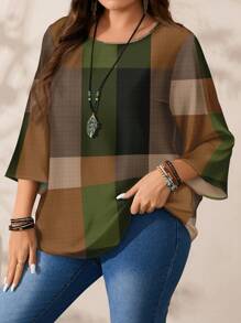 EMERY ROSE Blusa holgada de cuello redondo con manga 3/4 y estampado todo sobre para mujer de talla grande, adecuada para primavera y otoño