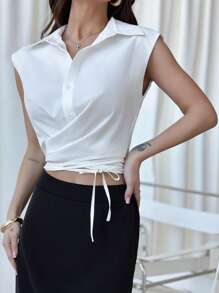Firerie Blusa de mujer de unicolor con plisados cruzados y sin mangas, elegante y minimalista, adecuada para uso casual y diario