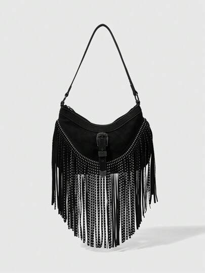 Grunge Punk Bolso de hombro estilo punk con remaches y borlas, de diseño minimalista y moda casual para uso diario