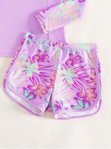 Tween Girl Tropical Print Random Mix Swimwear Set For Vacation Beach - Mauve Purple - View 4