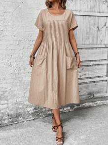 EMERY ROSE Women's Round Neck Short Sleeve Solid Color Pocket Minimalist Casual Dress