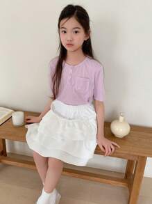 DAZY Tween Girl Letter Print Single-Breasted Short Sleeve Pocket Top And Cake Skirt Casual 2pcs Set - Pink - View 4