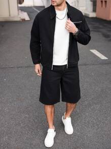 Manfinity Homme Men's Denim Set With Zip Up Jacket & Shorts, Minimalist & Fashionable, Suitable For Summer - Black - View 3