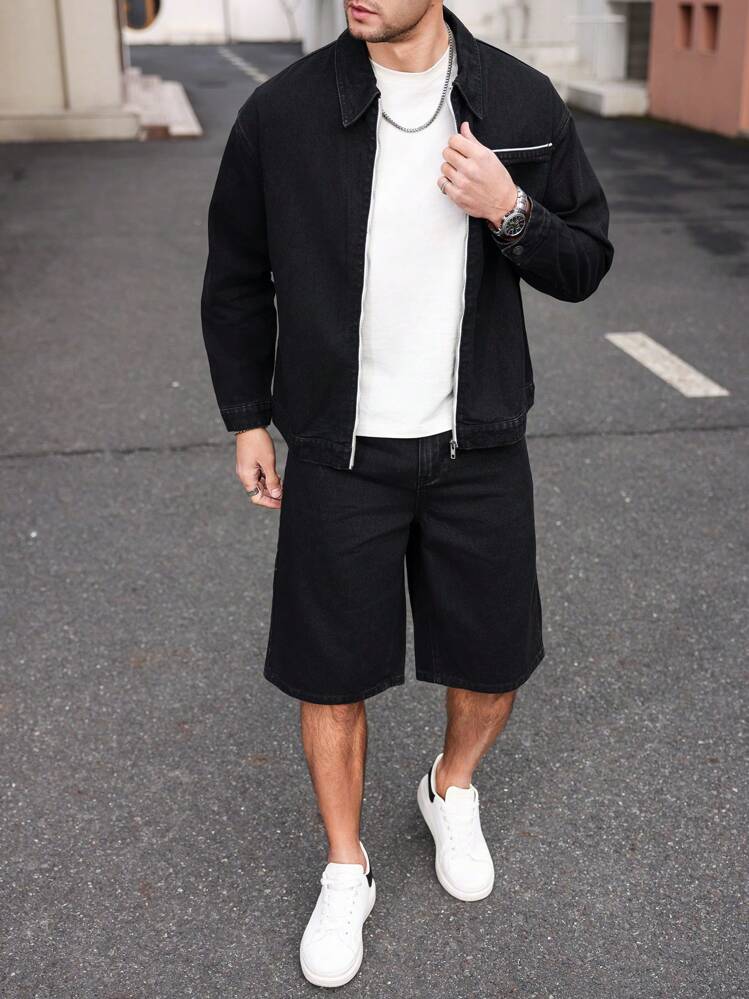 Manfinity Homme Men's Denim Set With Zip Up Jacket & Shorts