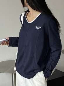Dazy-Less Color-Blocked Long Sleeve T-Shirt With Letter Embroidery Old Money Style,Fall Clothes - Navy Blue - View 9