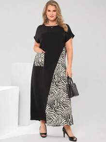 EMERY ROSE 大码女式斑马纹拼布圆领短袖口袋休闲连衣裙，优雅女装，女士夏季服装/夏季，女士度假服装，夏装，朴素服装