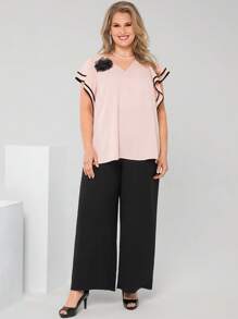 EMERY ROSE 2pcs/Set Plus Size Women 3D Flower Decor Ruffle Sleeve Shirt & Wide Leg Pants Set Elegant Outfit Women Plus Summer Set