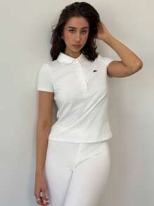Aloruh Damen Ritter-Muster Polokragen Kurzarm Lässig T-Shirt Abschluss Minimalismus - Weiss - Übersicht 3