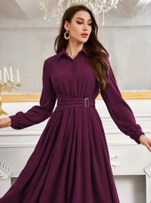 Modelyn Simple Button Front Belted Collar Long Sleeve Modest Dress Long Evening Dresses Fall Cloth For Women - Purple - View 7