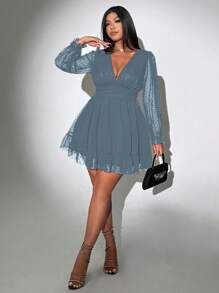 Viva Relle Plus Size Women Deep V-Neck Long Sleeve Ruffle Hem Sexy Dress - Dusty Blue - View 3