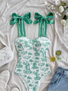 Soleia Women's Vacation Beachside Plant Print Casual Bodysuit - Green - View 6