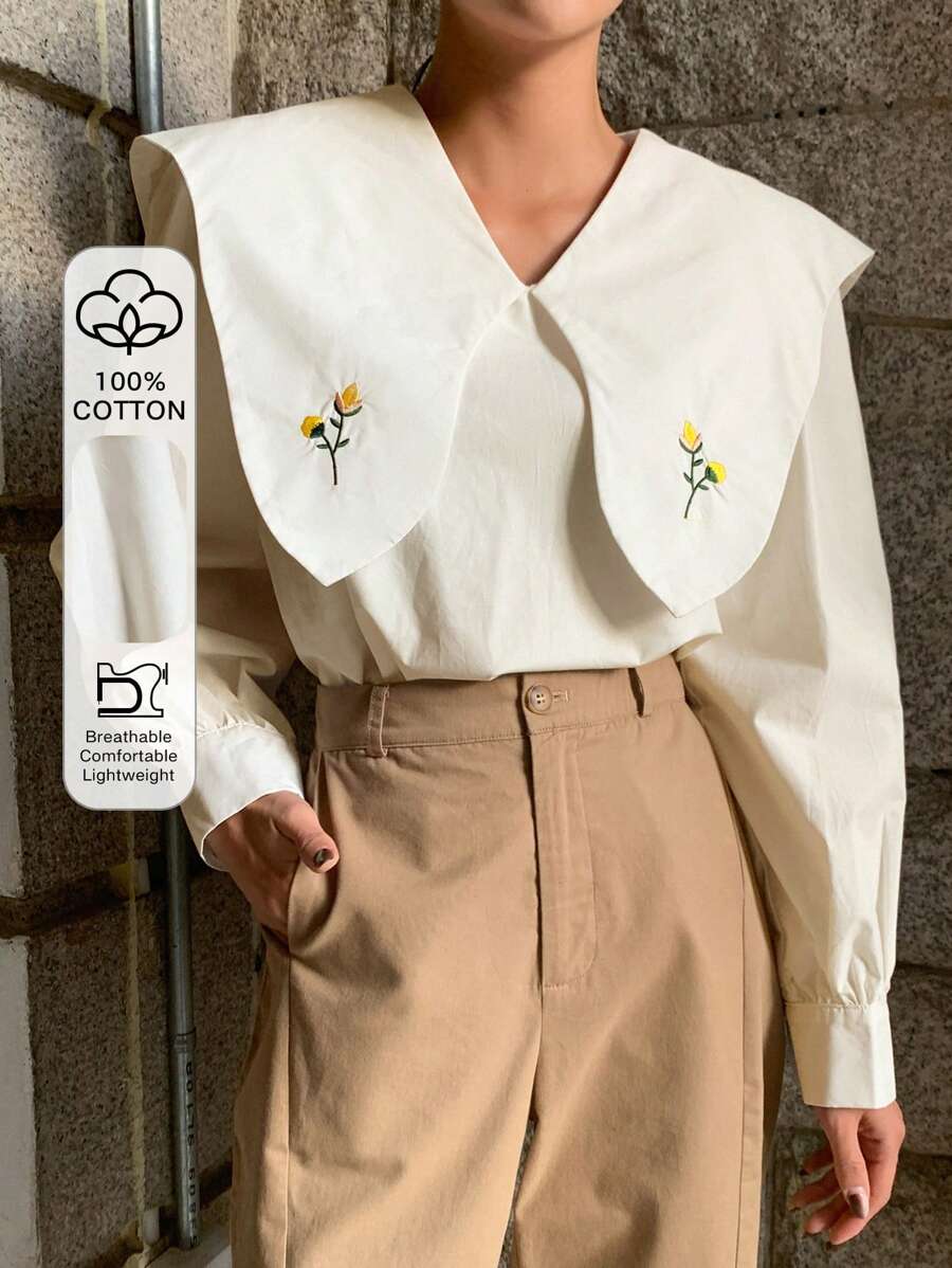 DAZY Floral Embroidery Statement Collar Lantern Sleeve Blouse Long Sleeve Top