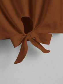 SHEIN LUNE Solid Knot Hem Tee - Coffee Brown - View 4