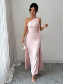 Elenzga Romantic Elegant One Shoulder Pleated Mesh Caplet Long Dress - Pink - View 5