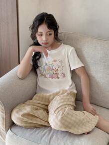 DAZY 2 件套 Tween Girl 女童花卉印花圆领短袖上衣和下装套装，适合春夏秋冬 - 棕色 - 查看 2