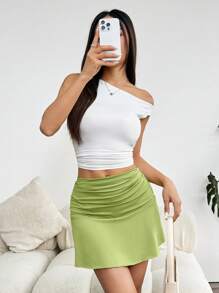 SHEIN x Carly Lawrence SHEIN EZwear Spring Break Solid Ruched Ruffle Hem White Skirt - Green - View 6