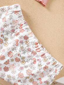 Babygirl Spring/Summer Multi-Color Casual Versatile Simple Rib Knit Short Sleeve Crew Neck Top & Elastic Waist Loose Shorts Set, Suitable For Home Wear And Beach - Multicolor - View 4