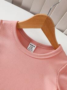 Babygirl Spring/Summer Multi-Color Casual Versatile Simple Rib Knit Short Sleeve Crew Neck Top & Elastic Waist Loose Shorts Set, Suitable For Home Wear And Beach - Multicolor - View 5