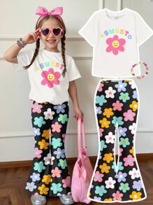 SHEIN Leap Crew 2 件套年轻女孩休闲卡通花朵图案圆领短袖上衣和喇叭裤套装，适合春夏季