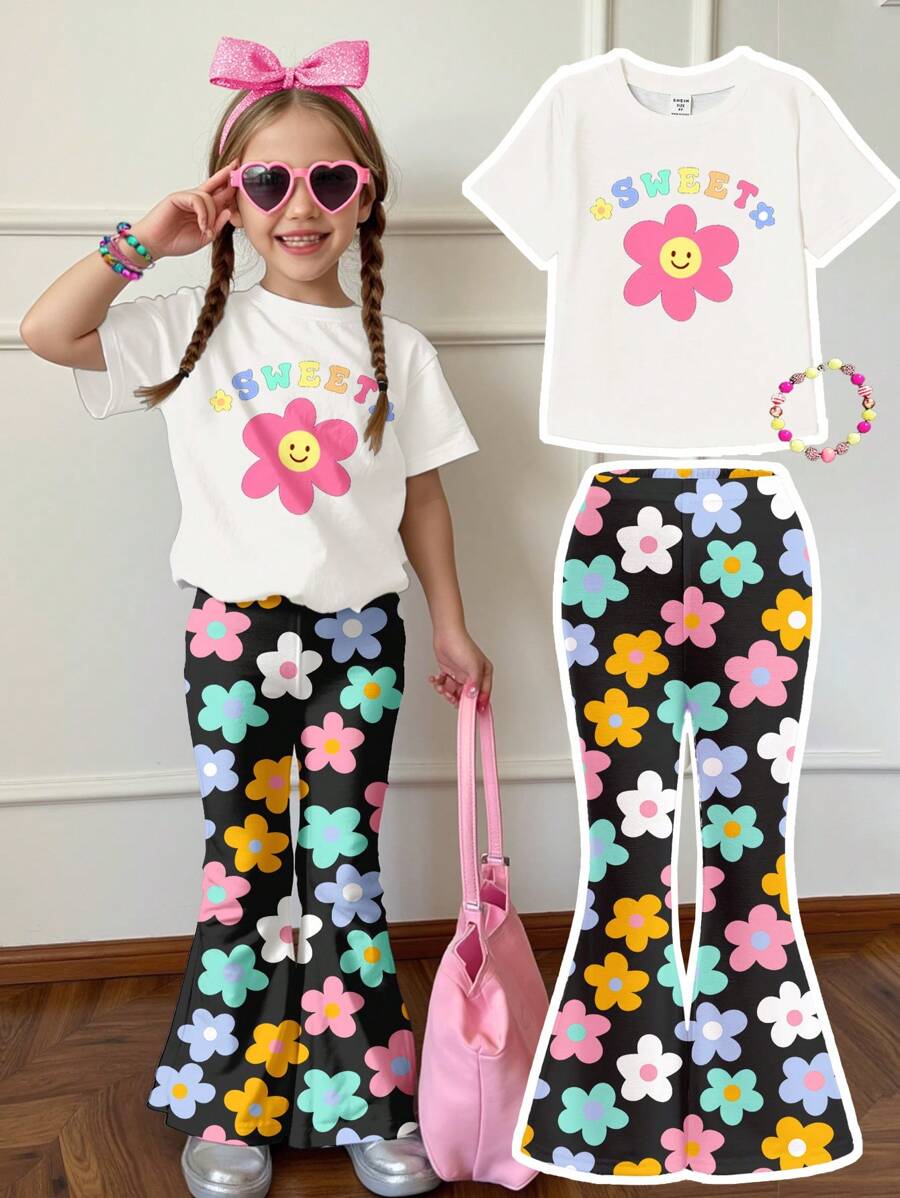 SHEIN Leap Crew 2 件套年轻女孩休闲卡通花朵图案圆领短袖上衣和喇叭裤套装，适合春夏季