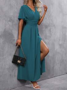 EMERY ROSE Butterfly Sleeve Split Thigh Dress Maxi Women Outfit - Teal Blue - View 6