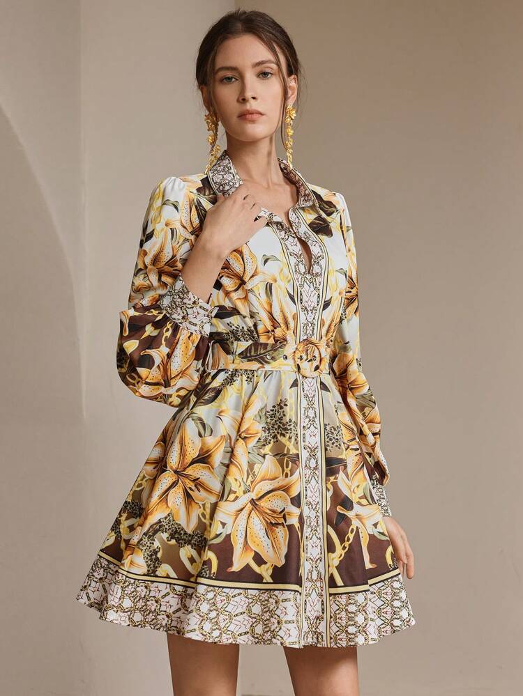 Spring Festival Lantern Sleeve Floral Print Dress
