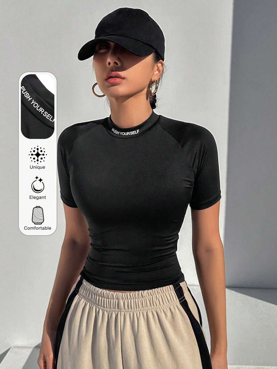 DAZY Women's Half Turtleneck Tight Short Sleeve T-Shirt With Letter Print And Cropped Hem Y2k,Fall Clothes - Black - View 1