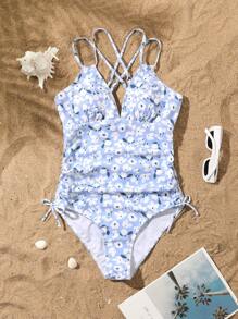SHEIN Swim 1 szt. damski granatowy elegancki jednoczęściowy kostium kąpielowy z nadrukiem kwiatowym