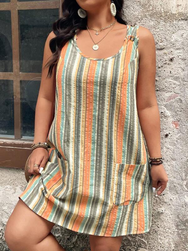 Breezaya Vestido Casual de Verão Listrado Sem Mangas com Bolsos, Plus Size para Mulheres