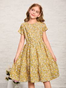 SHEIN Tween Girl 柔软碎花修身休闲连衣裙 - 黃色 - 查看 3