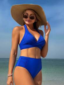 Swim Lushoire Women's Blue Front Twist Pleated 2 Pieces Shorts Set, Beach Vacation Outfit