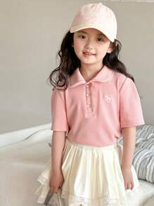 Dazy Kids Young Girl Knit Collar Embroidered Short Sleeve T-Shirt, Spring/Summer - Pink - View 6
