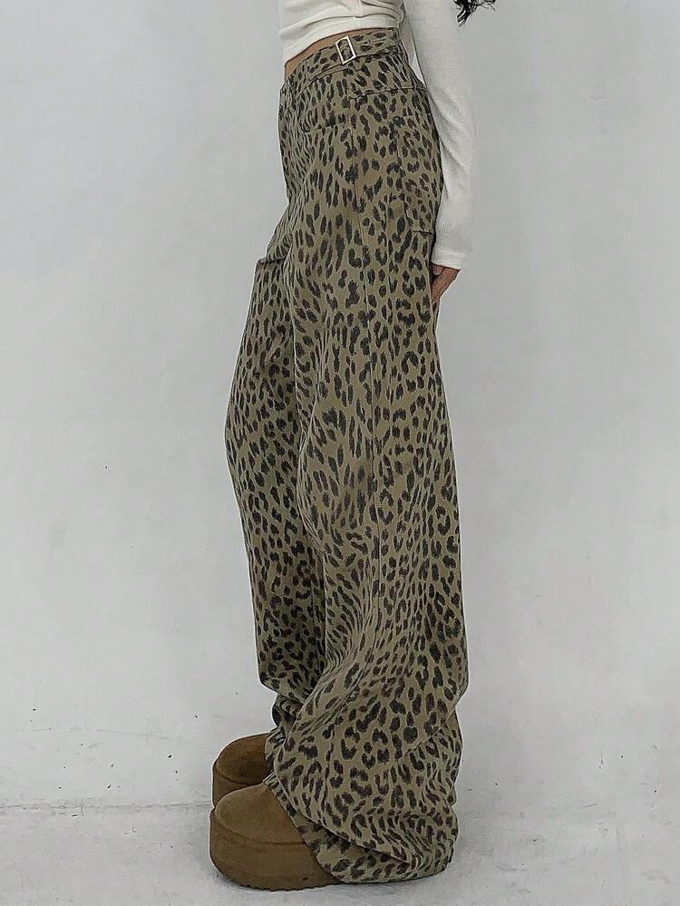 Women's Fashion Leopard Print Low-Waist Extra Long Pants Low Rise