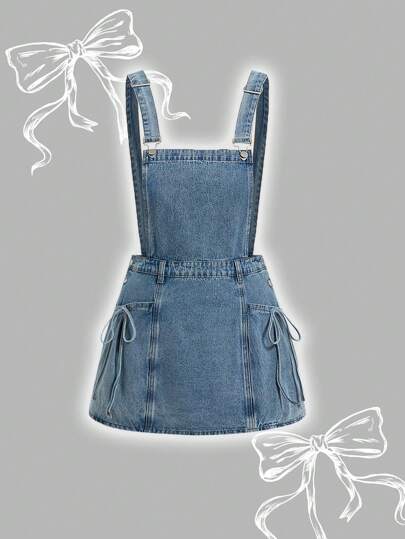 SHEIN MOD Plus Size Denim Dress Casual Suspender Dress Blue Bowknot Sweet Summer Dress